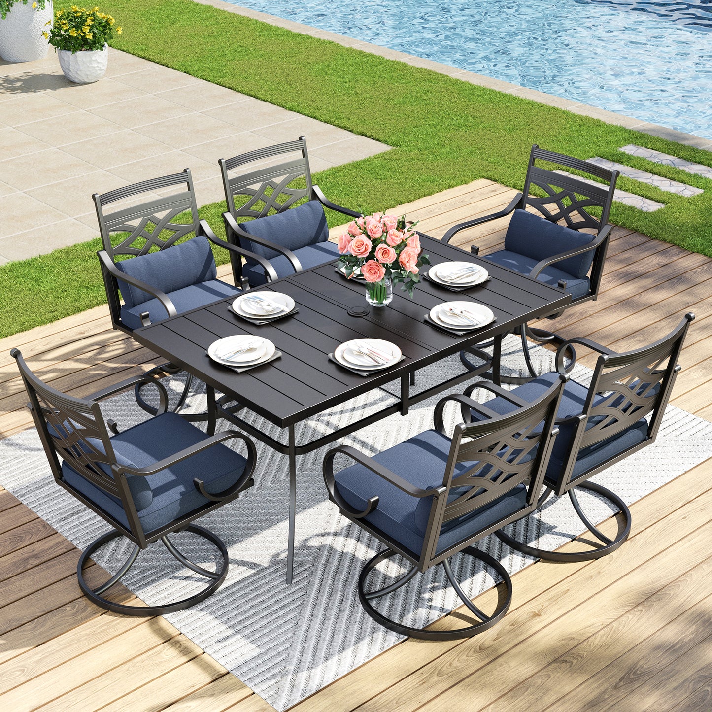 Captiva Designs 7pc Patio Dining Rectangular Table with Umbrella Hole and Metal Chairs with Seat Cushion & Waist Pillow