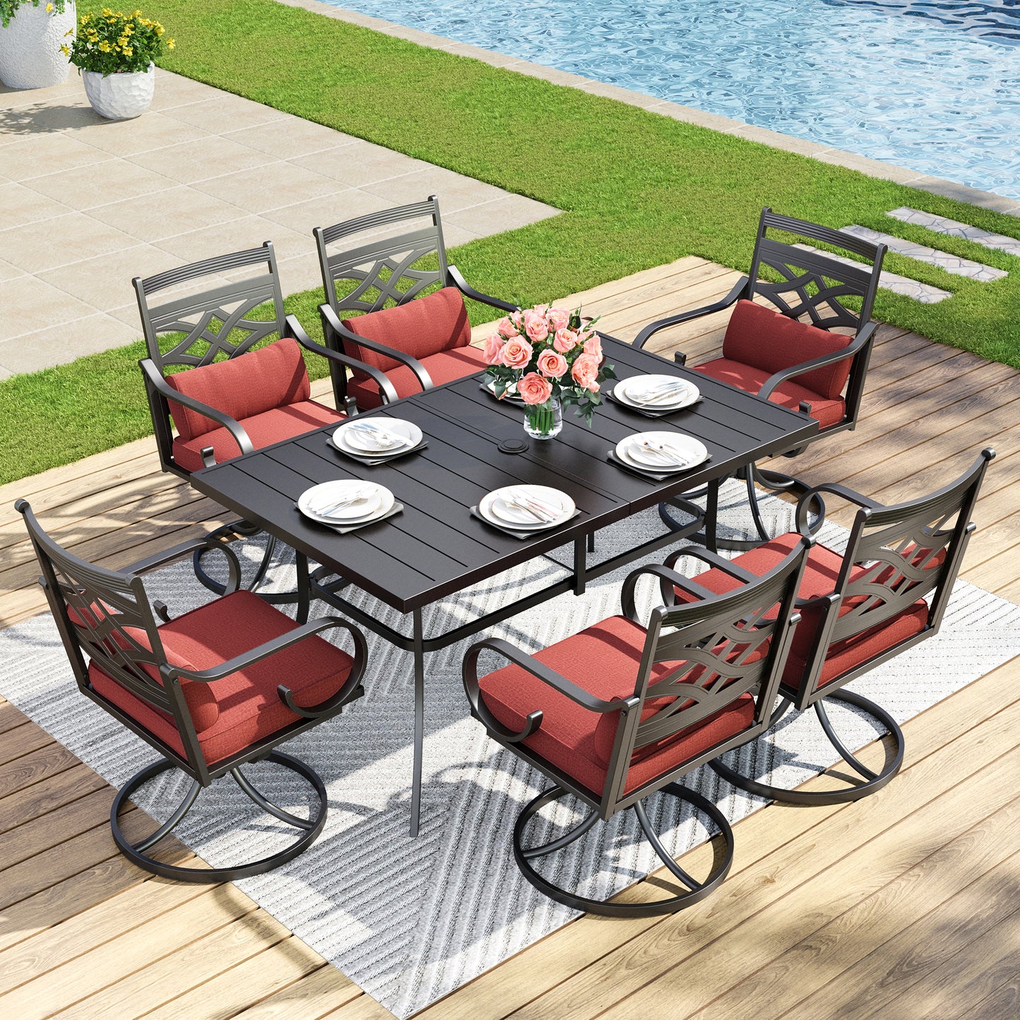 Captiva Designs 7pc Patio Dining Rectangular Table with Umbrella Hole and Metal Chairs with Seat Cushion & Waist Pillow