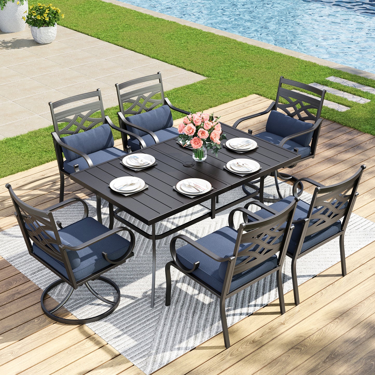 Captiva Designs 7pc Patio Dining Rectangular Table with Umbrella Hole and Metal Chairs with Seat Cushion & Waist Pillow