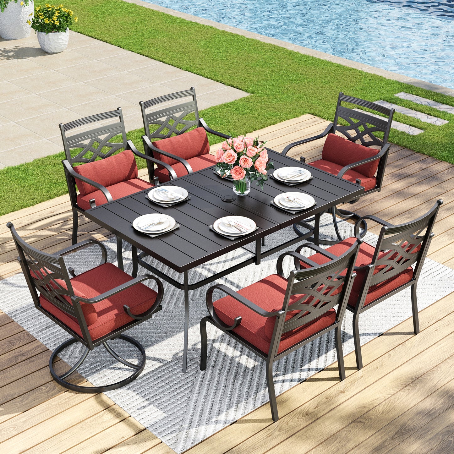 Captiva Designs 7pc Patio Dining Rectangular Table with Umbrella Hole and Metal Chairs with Seat Cushion & Waist Pillow