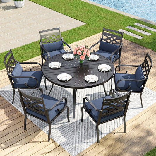 Captiva Designs 7pc Patio Slat-top Dining Black Table with Umbrella Hole and Metal Chairs with Seat Cushion & Waist Pillow