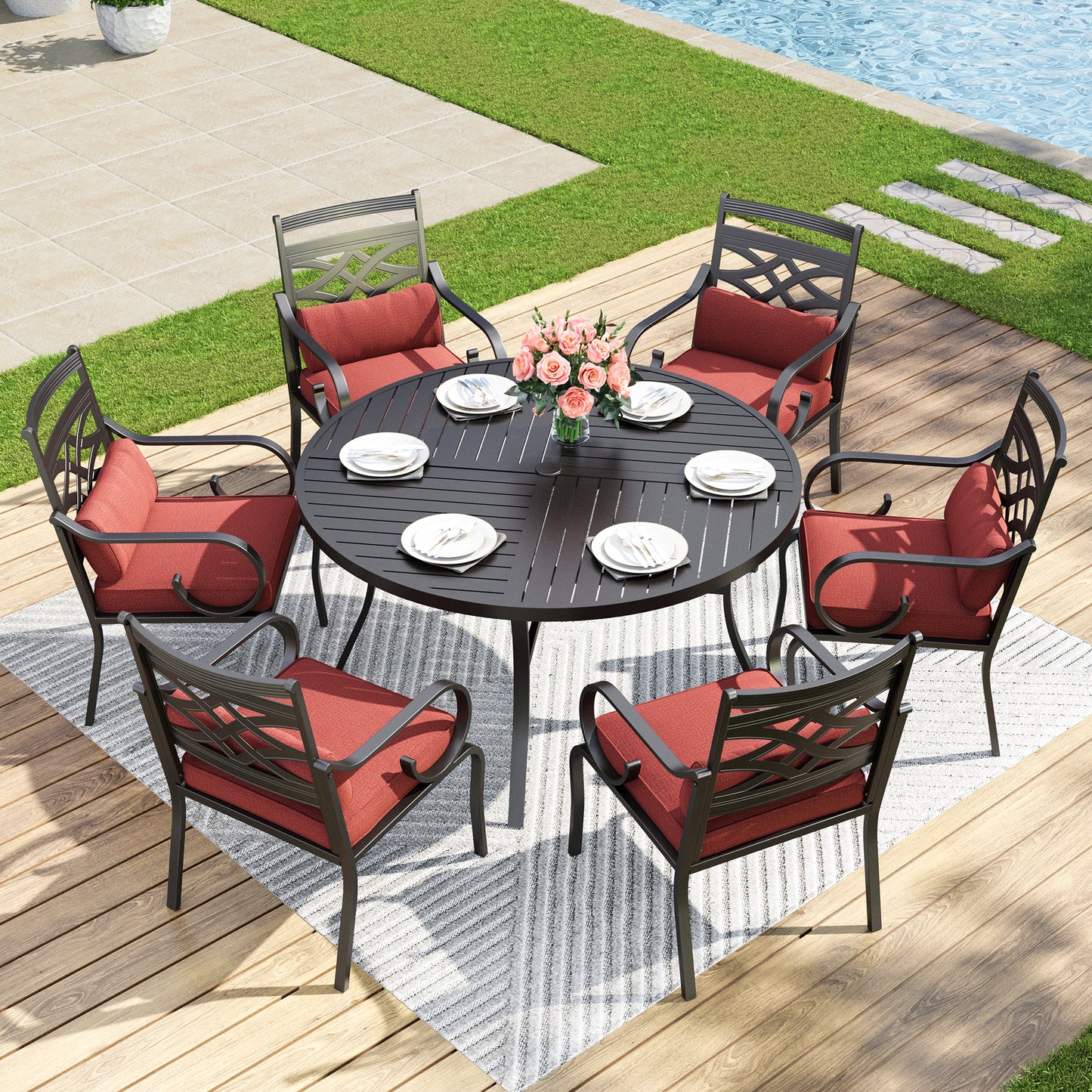 Captiva Designs 7pc Patio Slat-top Dining Black Table with Umbrella Hole and Metal Chairs with Seat Cushion & Waist Pillow