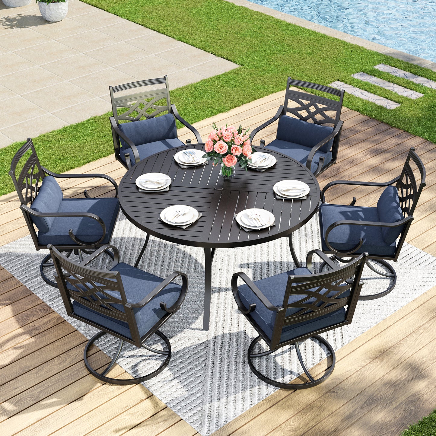 Captiva Designs 7pc Patio Slat-top Dining Black Table with Umbrella Hole and Metal Chairs with Seat Cushion & Waist Pillow