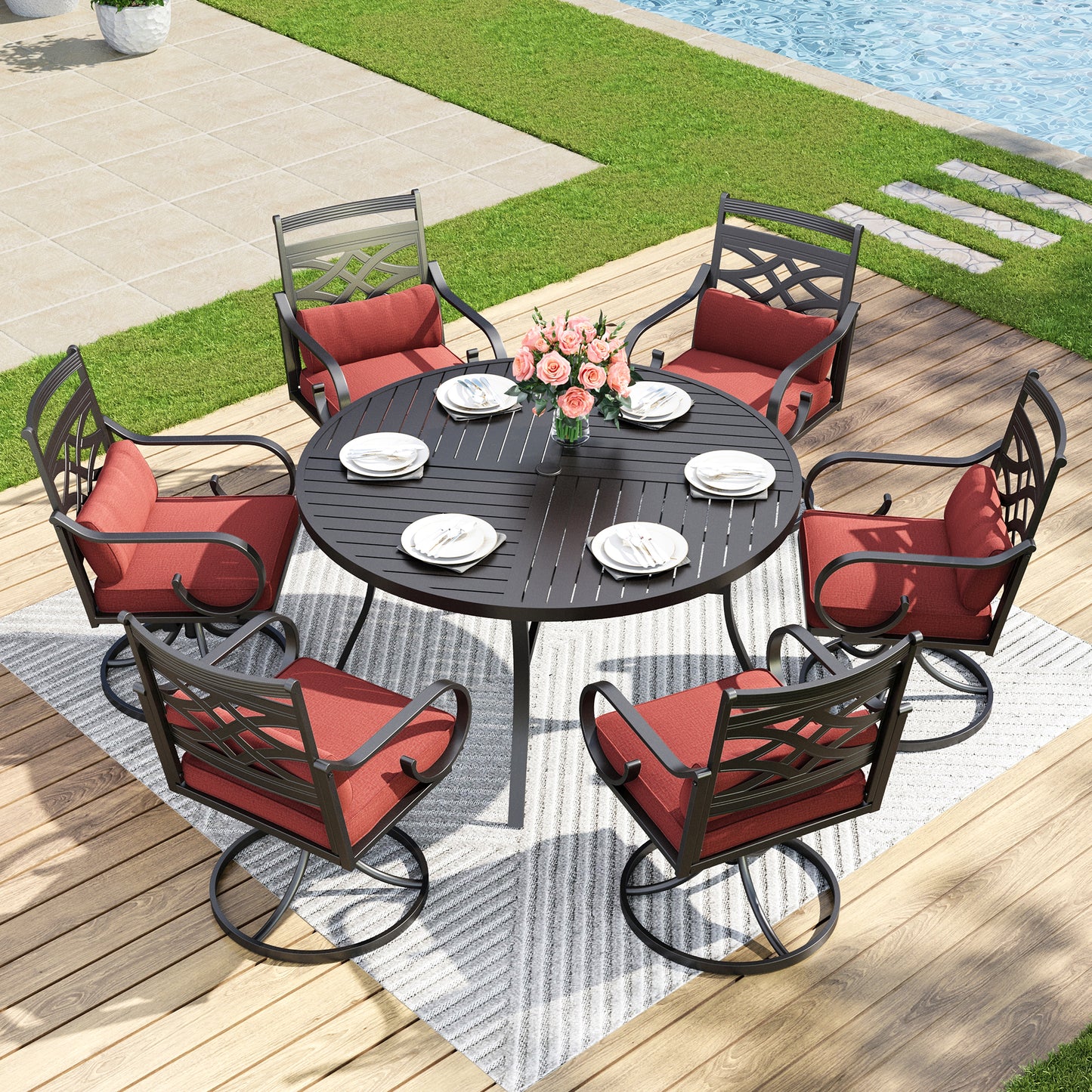 Captiva Designs 7pc Patio Slat-top Dining Black Table with Umbrella Hole and Metal Chairs with Seat Cushion & Waist Pillow