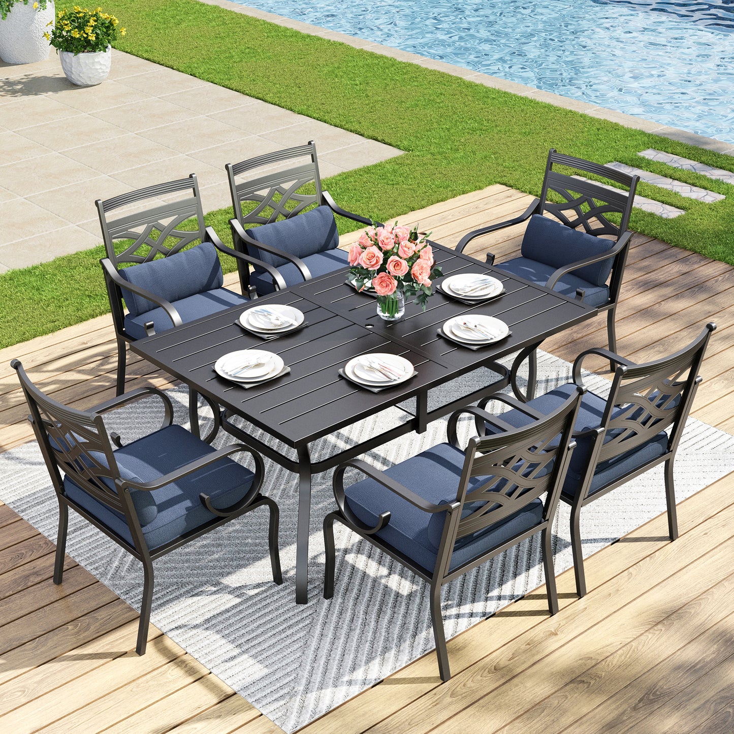Captiva Designs 7pc Patio Slat-top Dining Black Table with Umbrella Hole and Metal Chairs with Seat Cushion & Waist Pillow
