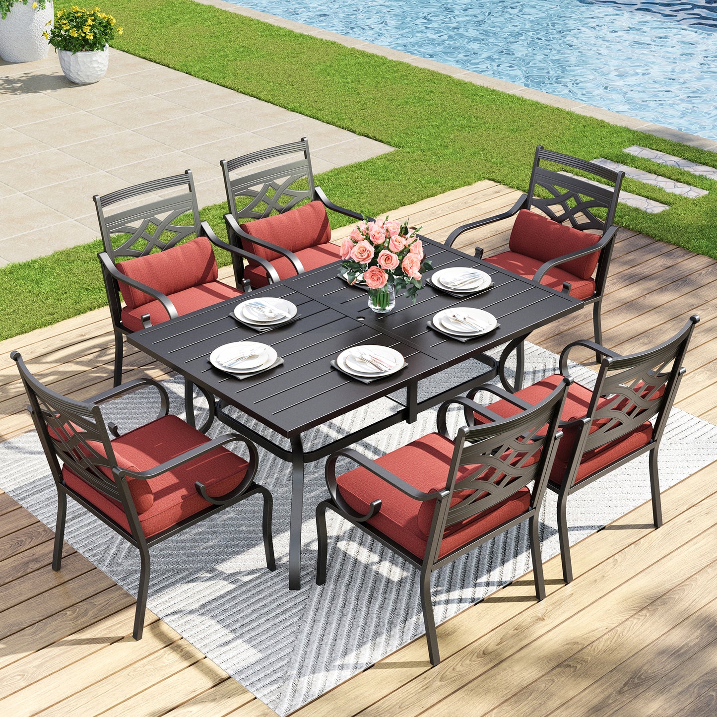 Captiva Designs 7pc Patio Slat-top Dining Black Table with Umbrella Hole and Metal Chairs with Seat Cushion & Waist Pillow