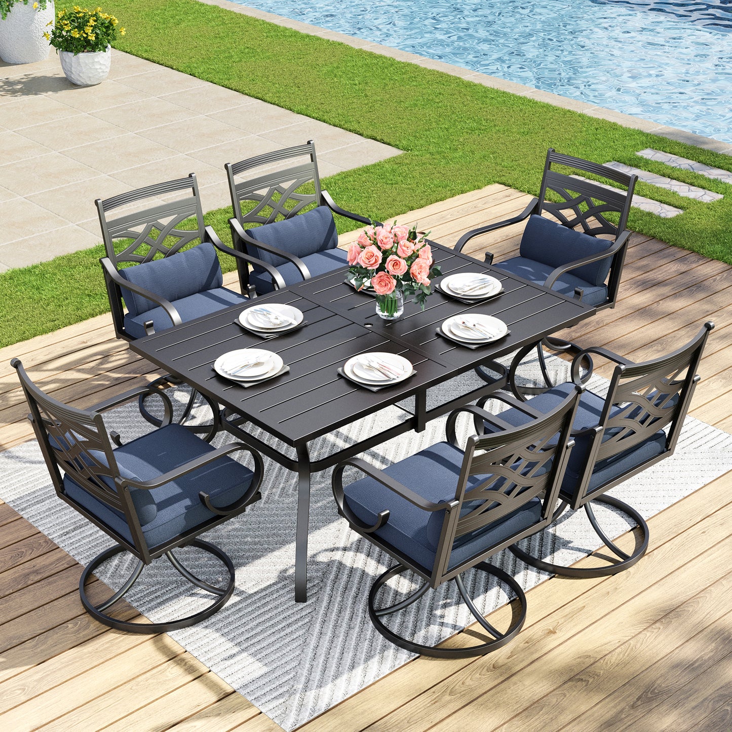 Captiva Designs 7pc Patio Slat-top Dining Black Table with Umbrella Hole and Metal Chairs with Seat Cushion & Waist Pillow