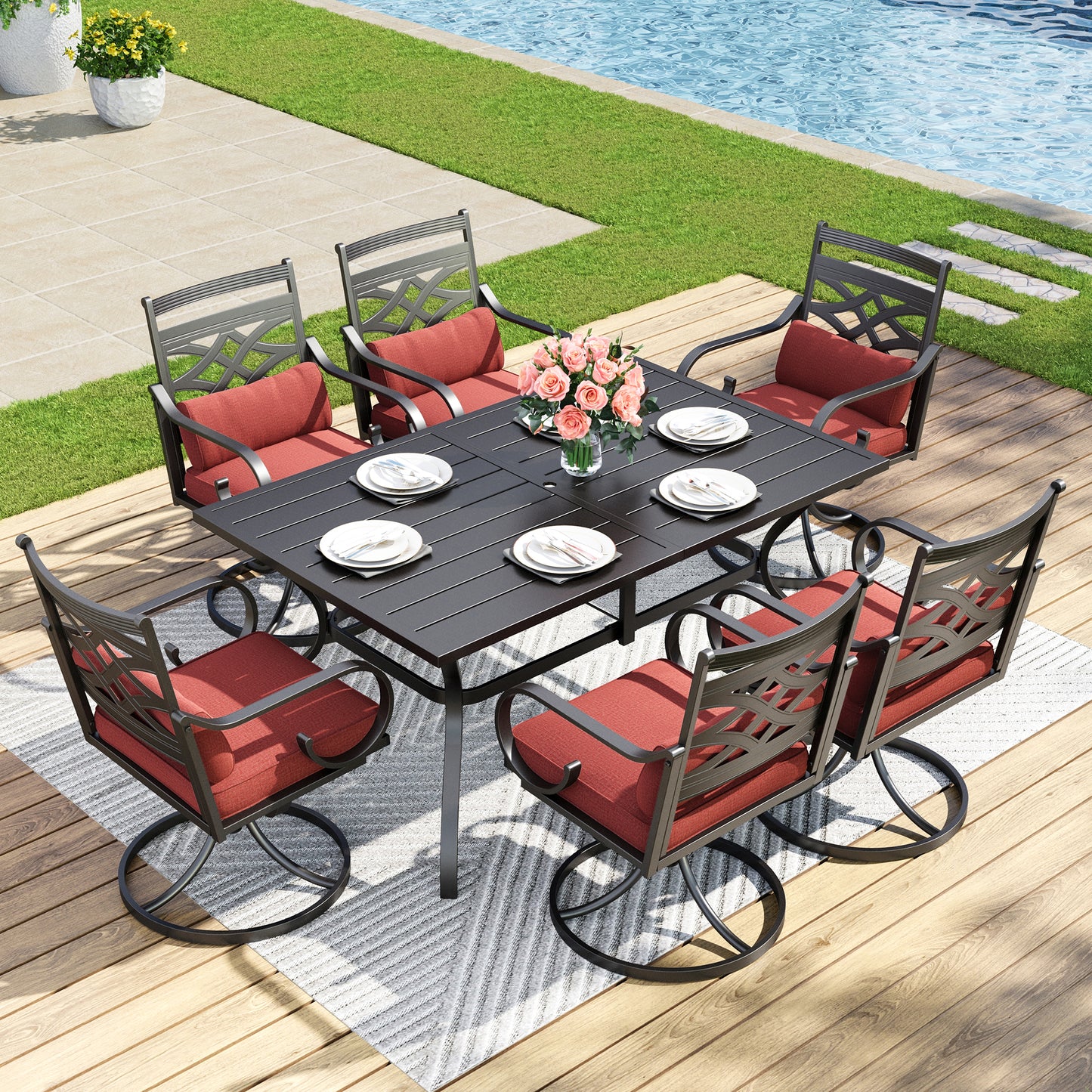 Captiva Designs 7pc Patio Slat-top Dining Black Table with Umbrella Hole and Metal Chairs with Seat Cushion & Waist Pillow
