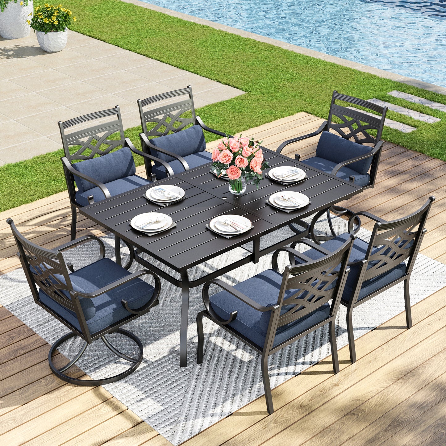 Captiva Designs 7pc Patio Slat-top Dining Black Table with Umbrella Hole and Metal Chairs with Seat Cushion & Waist Pillow