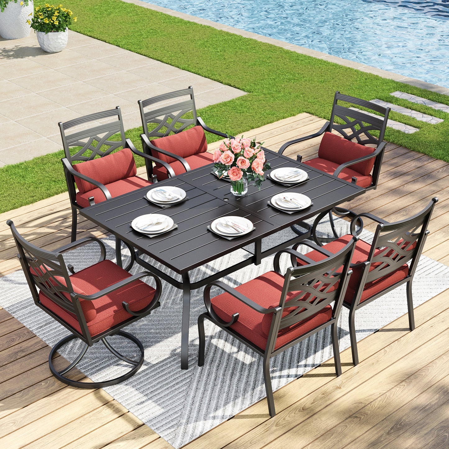 Captiva Designs 7pc Patio Slat-top Dining Black Table with Umbrella Hole and Metal Chairs with Seat Cushion & Waist Pillow