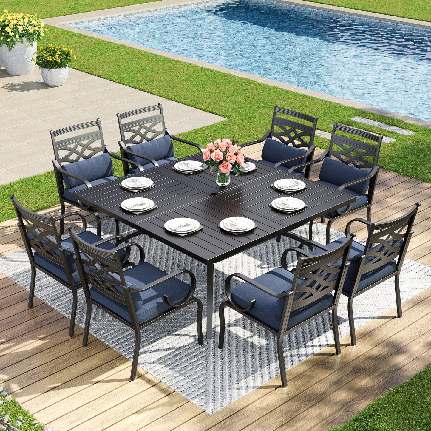 Captiva Designs 9pc Patio Slat-top Square Metal Dining Table and Metal Chairs with Seat Cushion & Waist Pillow