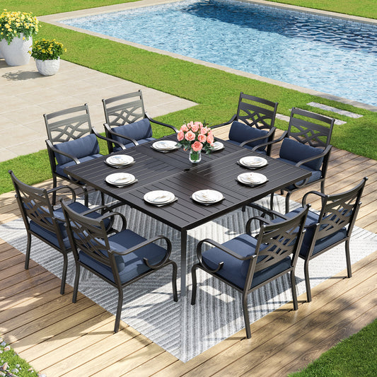 Captiva Designs 9 件套宽敞方形金属板顶桌，带伞孔和 C 型弹簧软垫吊带椅