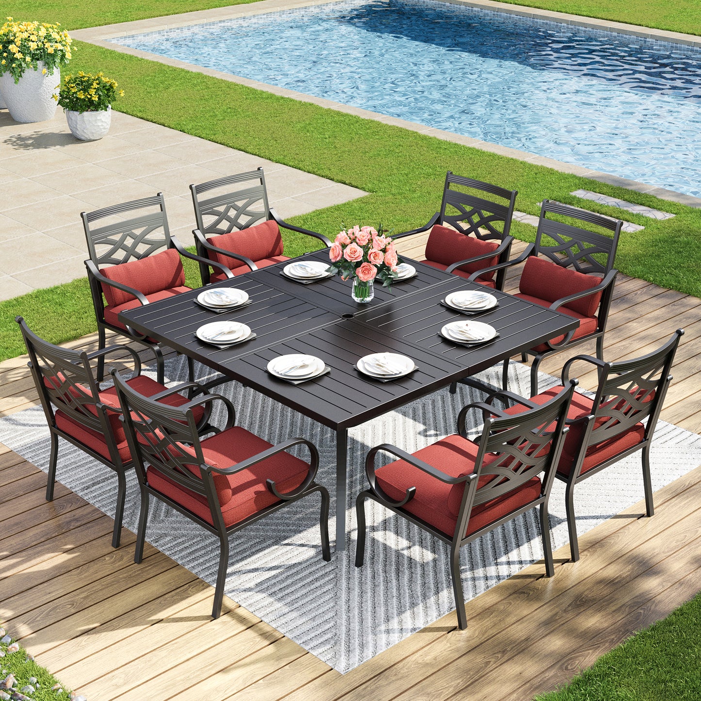 Captiva Designs 9pc Patio Slat-top Square Metal Dining Table and Metal Chairs with Seat Cushion & Waist Pillow