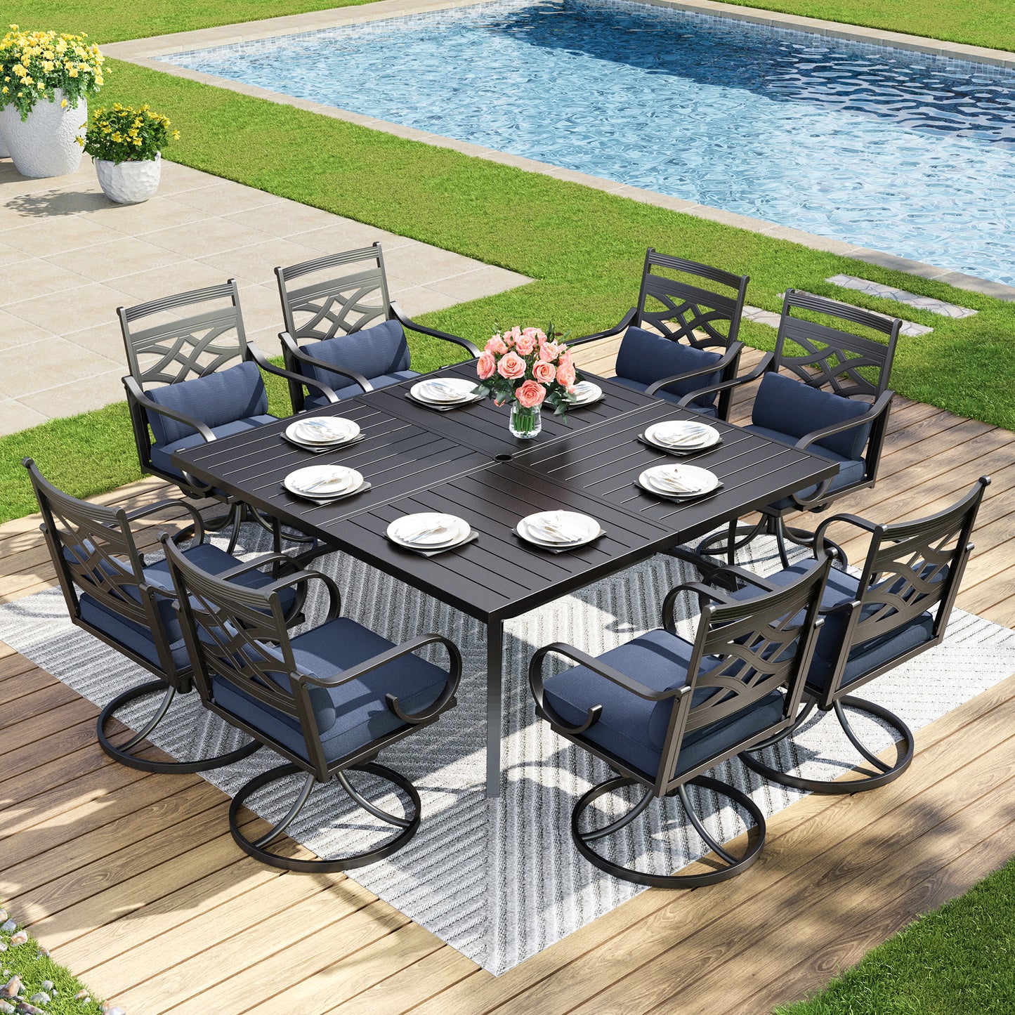 Captiva Designs 9pc Patio Slat-top Square Metal Dining Table and Metal Chairs with Seat Cushion & Waist Pillow