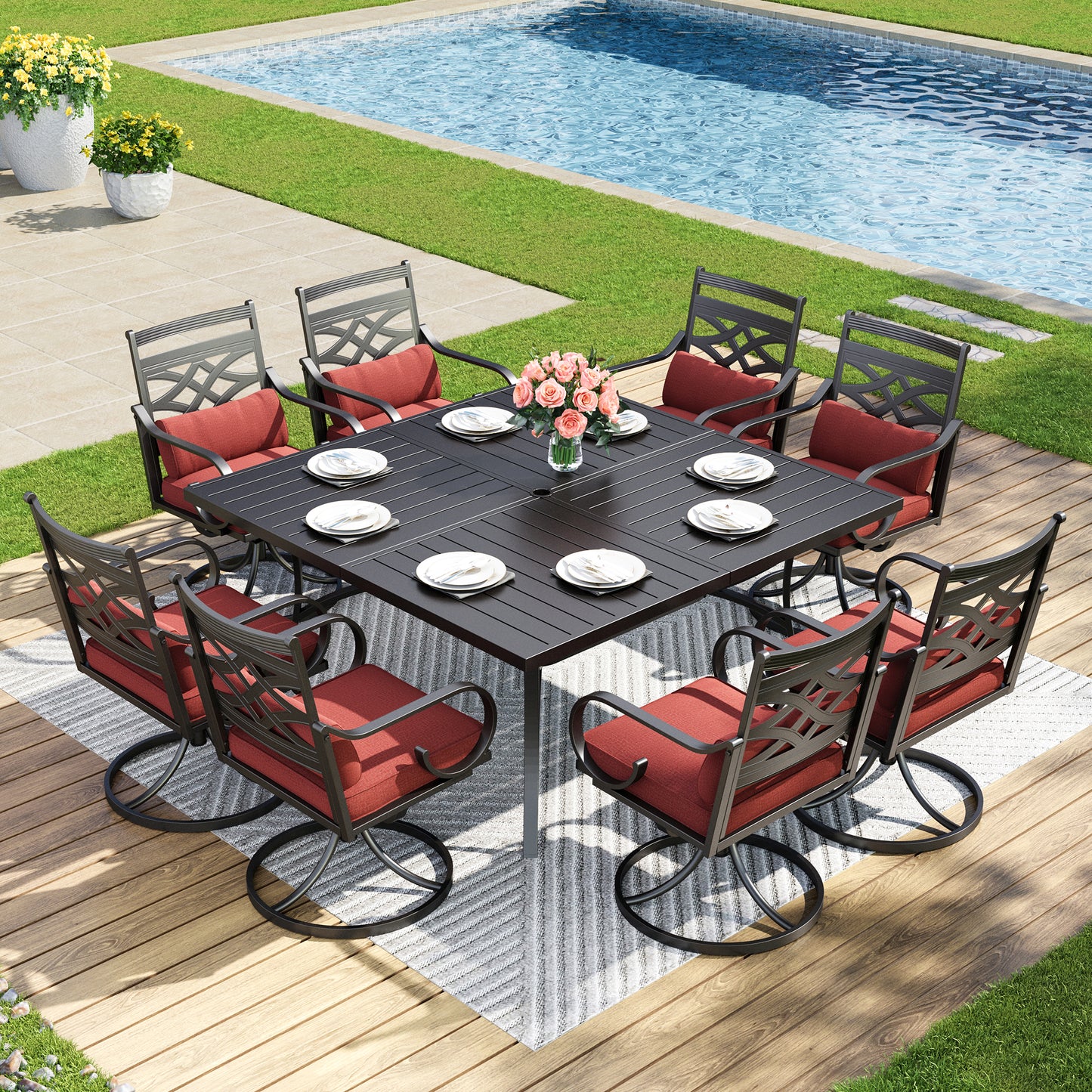 Captiva Designs 9pc Patio Slat-top Square Metal Dining Table and Metal Chairs with Seat Cushion & Waist Pillow