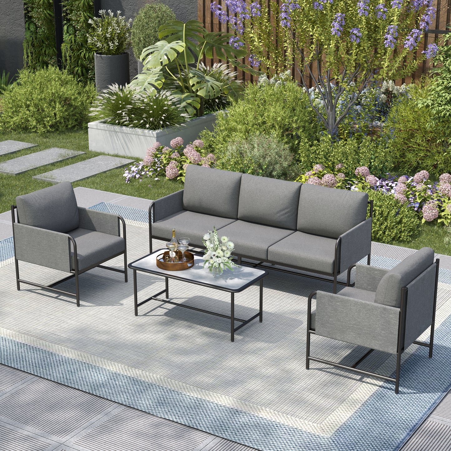 Captiva Designs 4pc Outdoor Patio Iron Metal Furniture Conversation Set with Coffee Table and Cushions