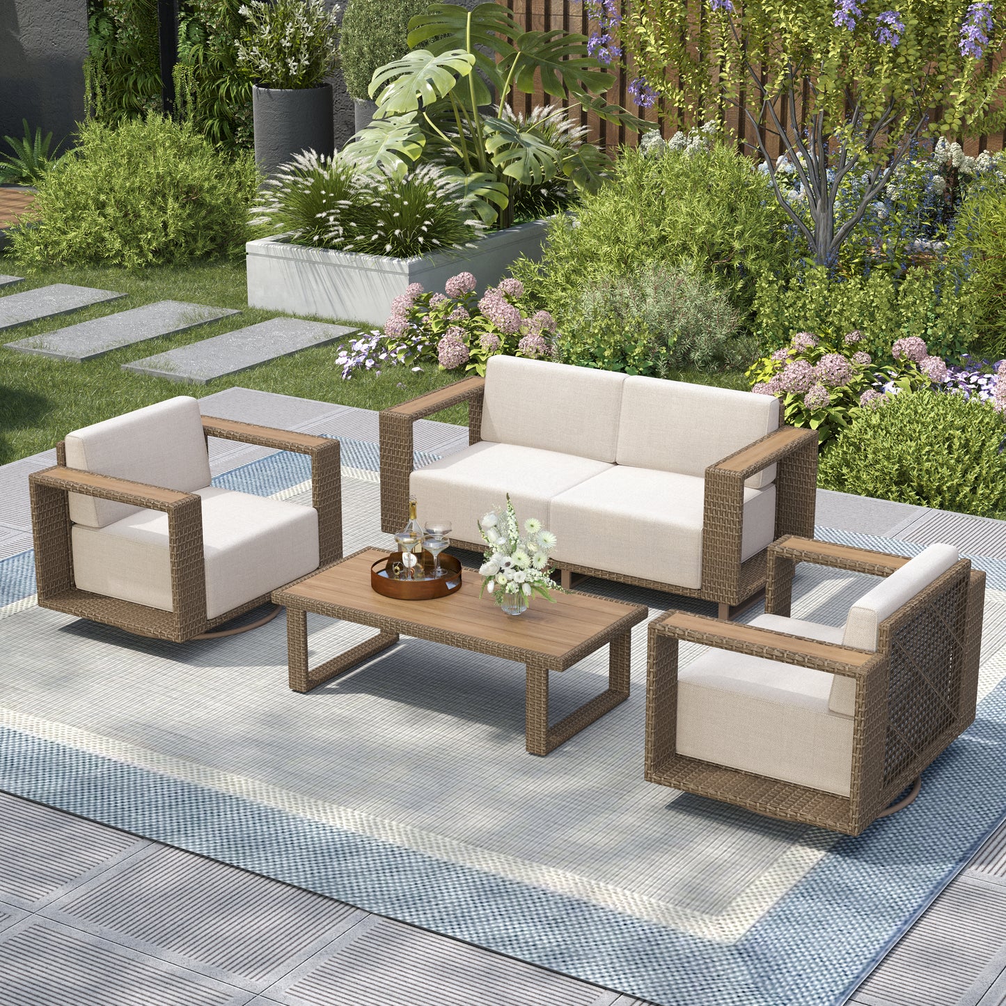 Captiva Designs Outdoor Patio Modular Furniture Sectional Wicker Sofa Set with Swivel Armchairs and Extra Thick Cushions