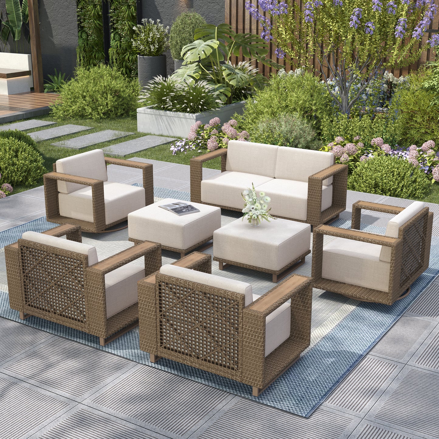 Captiva Designs Outdoor Patio Modular Furniture Sectional Wicker Sofa Set with Swivel Armchairs and Extra Thick Cushions