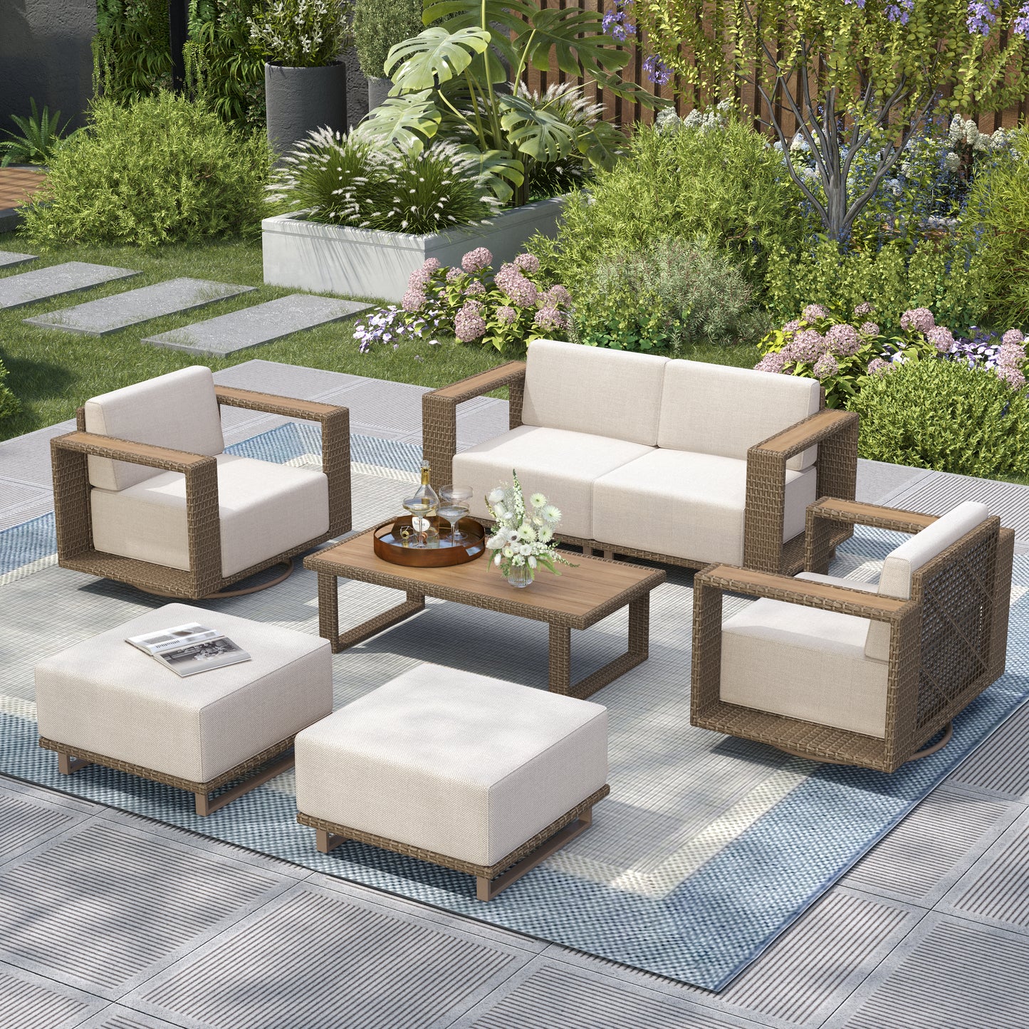 Captiva Designs Outdoor Patio Modular Furniture Sectional Wicker Sofa Set with Swivel Armchairs and Extra Thick Cushions