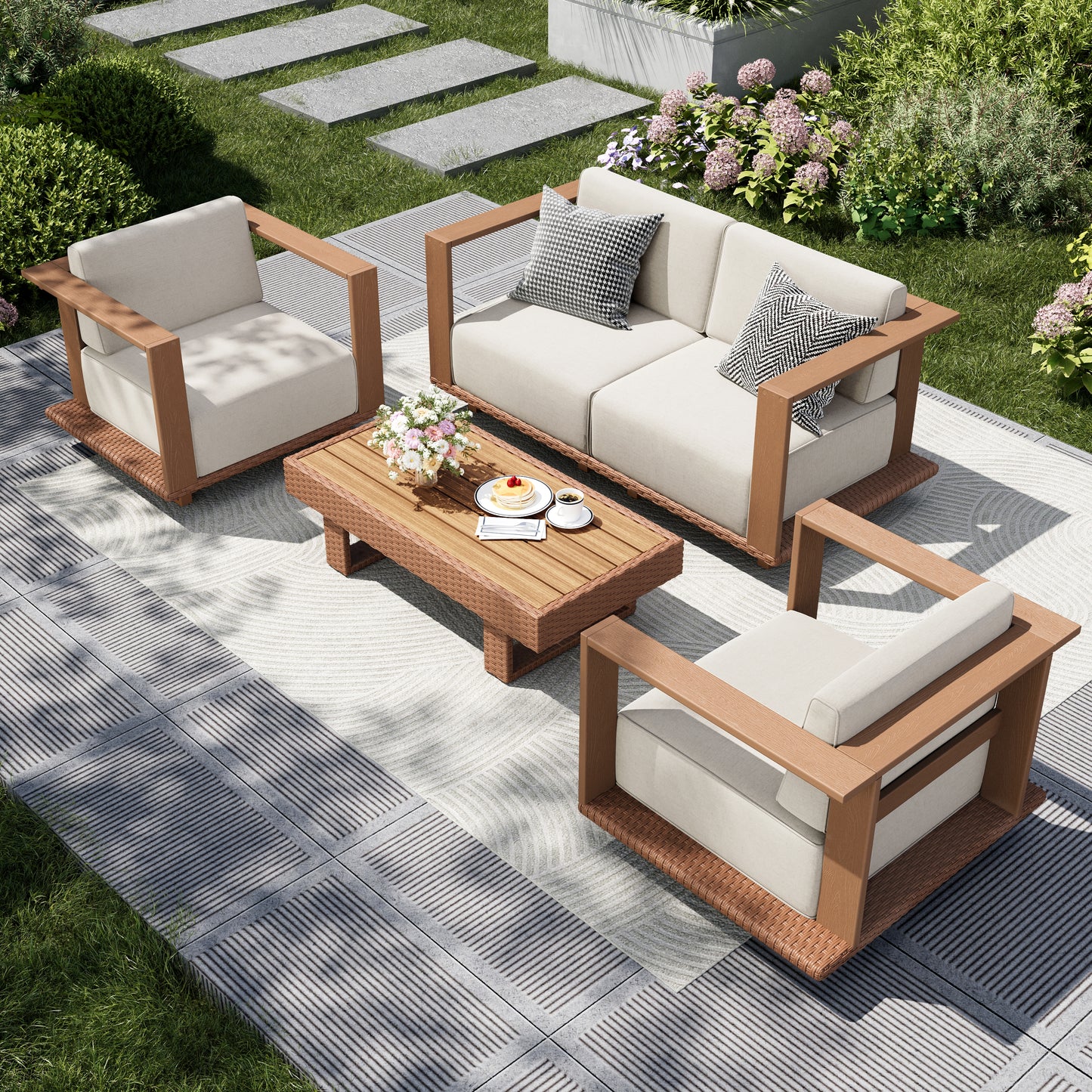 Captiva Designs Outdoor Patio Rattan Woodgrain HDPE Sectional Sofa Conversation Set with Thick Cushions