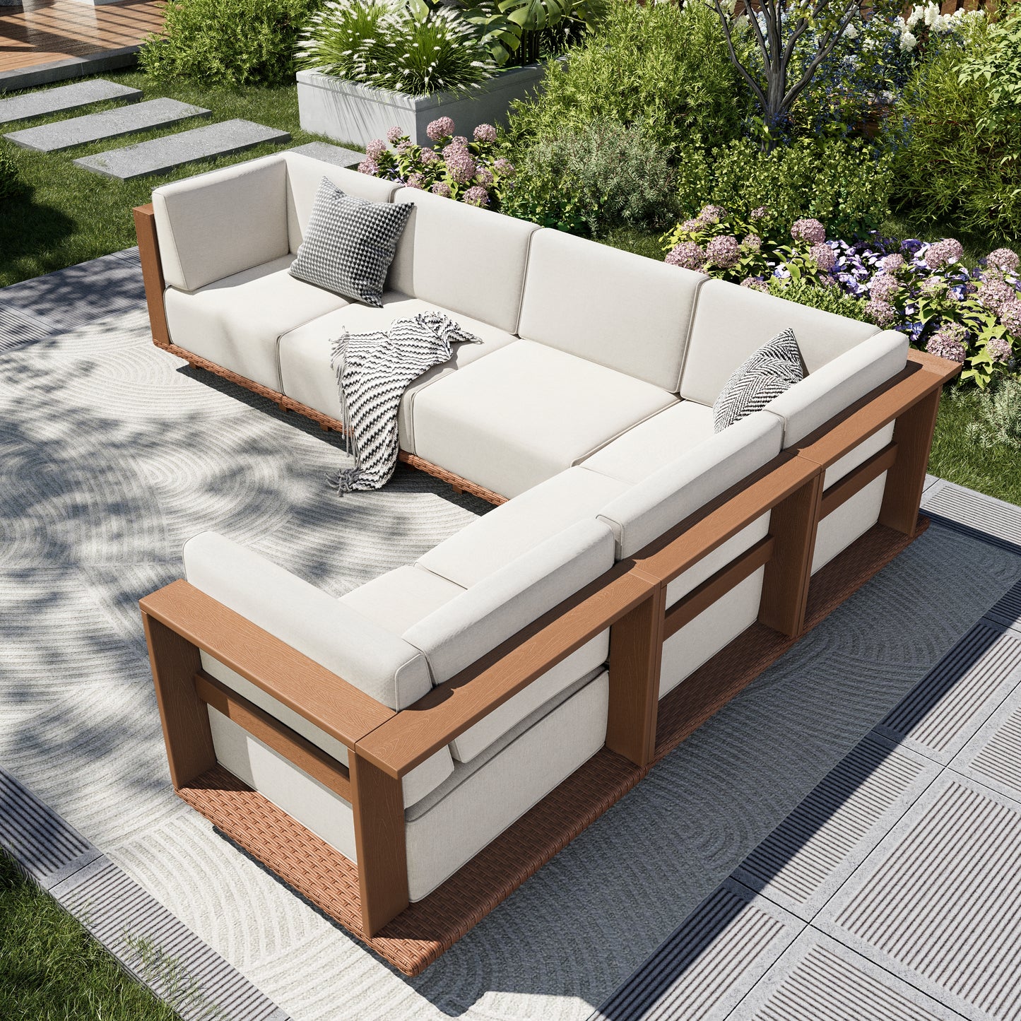 Captiva Designs Outdoor Patio Rattan Woodgrain HDPE Sectional Sofa Conversation Set with Thick Cushions