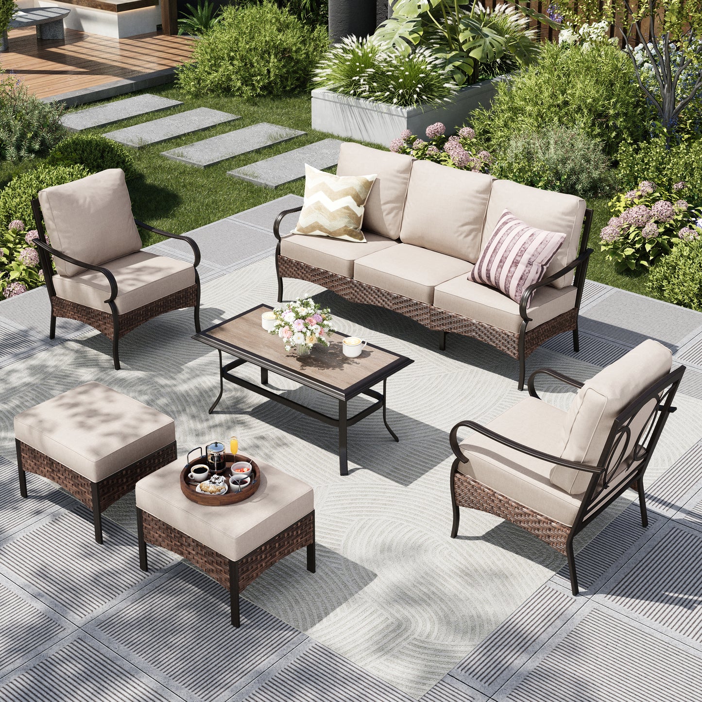 Captiva Designs 6pc Extra Large Metal and Rattan Outdoor Patio Conversation Set with Coffee Table and Ottomans