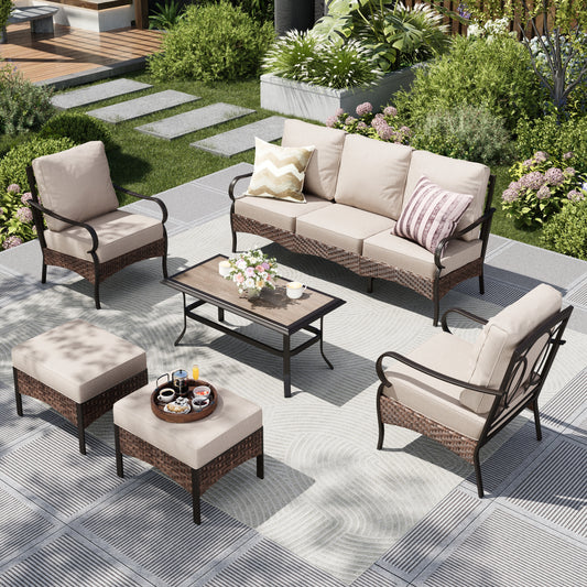Captiva Designs 6pc Extra Large Metal and Rattan Outdoor Patio Conversation Set with Coffee Table and Ottomans