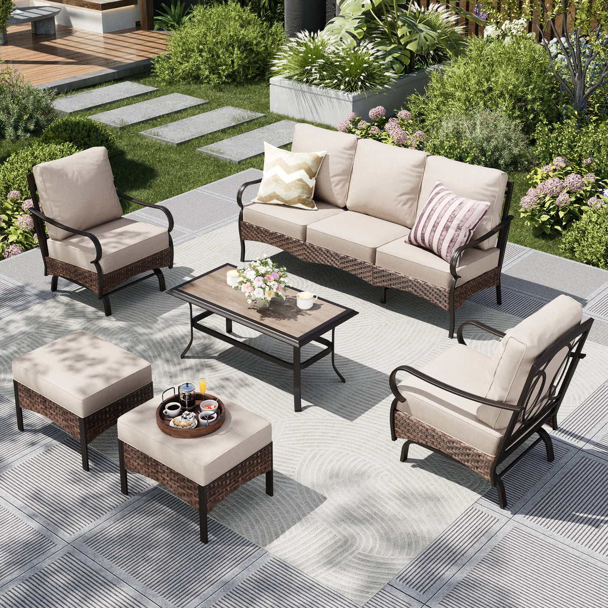 Captiva Designs 6pc Extra Large Metal and Rattan Outdoor Patio Conversation Set with Rocking Chairs and Ottomans