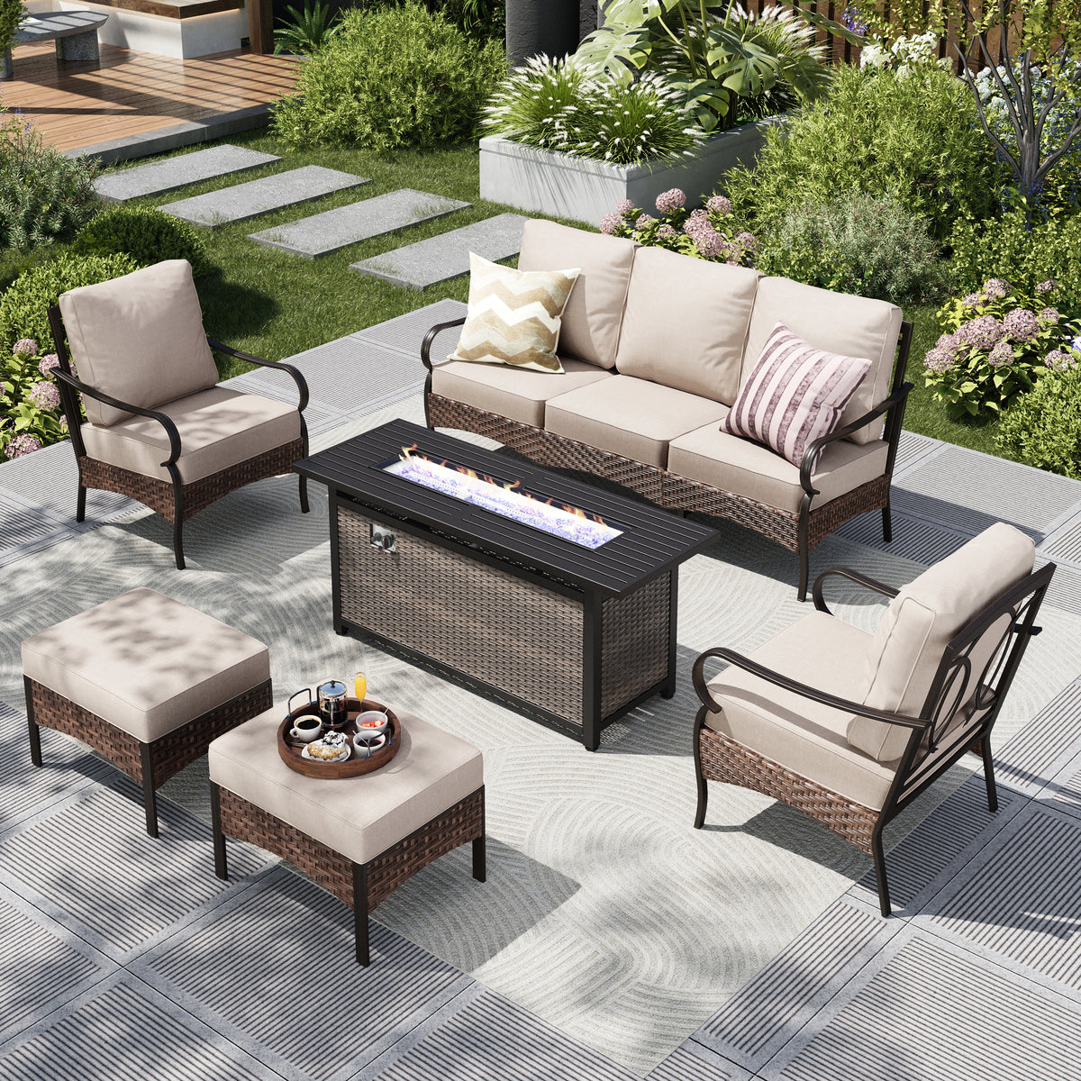 Captiva Designs 6pc Extra Large Metal and Rattan Outdoor Patio Fire Pit Set with Single Sofas and Ottomans