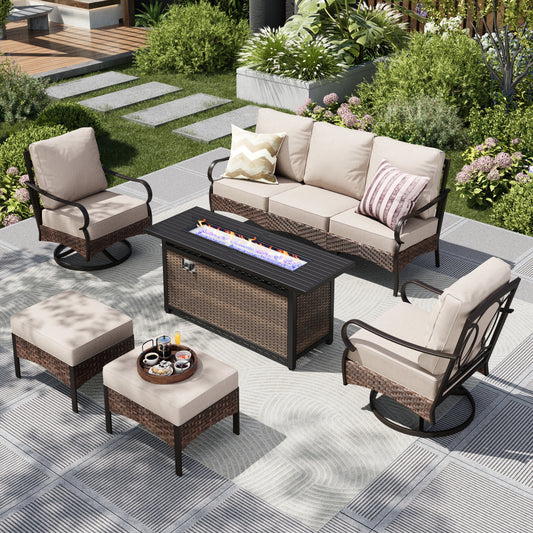 Captiva Designs 6pc Extra Large Metal and Rattan Outdoor Patio Fire Pit Set with Swivel Sofas and Ottomans