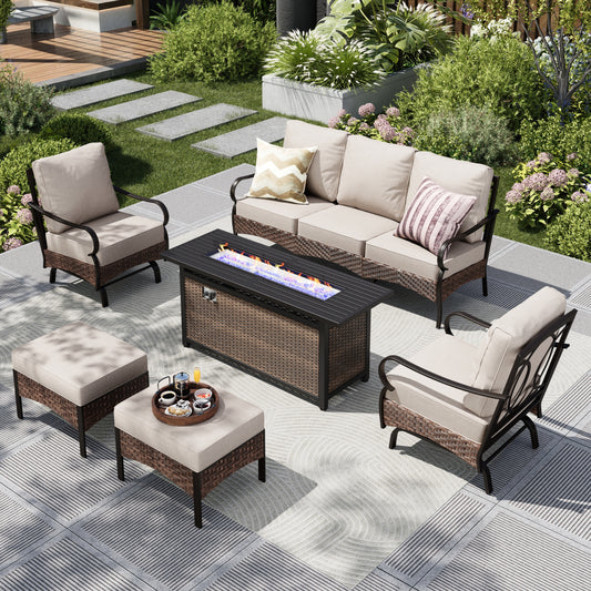 Captiva Designs 6pc Extra Large Metal and Rattan Outdoor Patio Fire Pit Set with Rocking Sofas and Ottomans