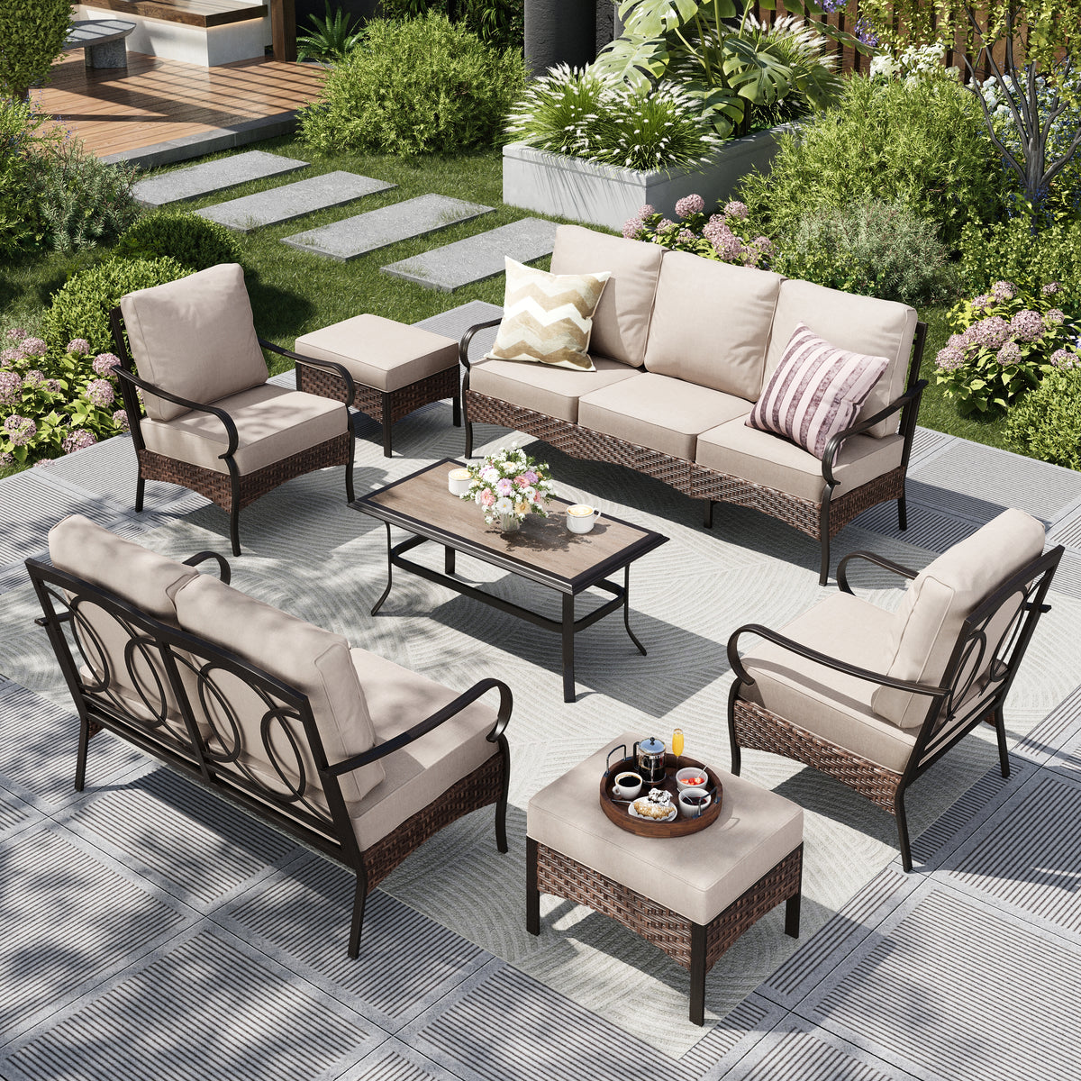 Captiva Designs 7pc Extra Large Metal and Rattan Outdoor Patio Conversation Set with Loveseat and Ottomans