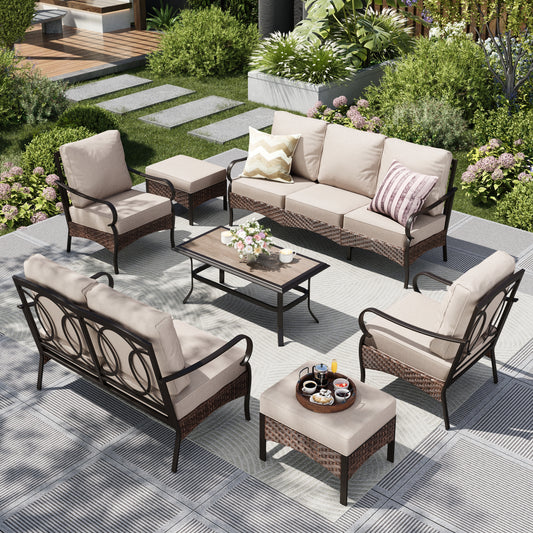 Captiva Designs 7pc Extra Large Metal and Rattan Outdoor Patio Conversation Set with Loveseat and Ottomans