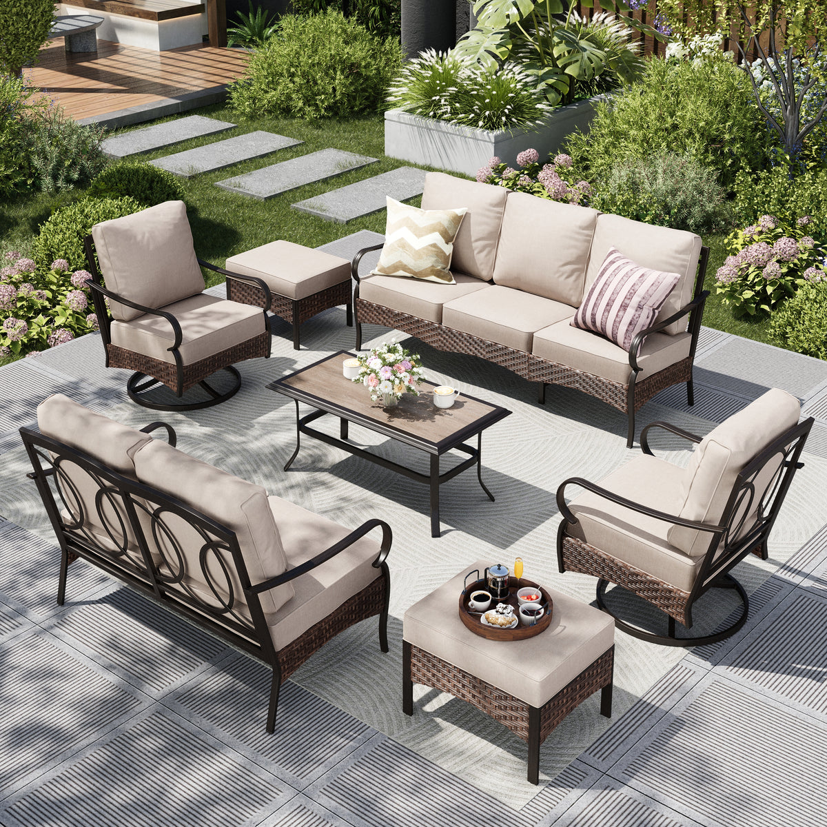 Captiva Designs 7pc Extra Large Metal and Rattan Outdoor Patio Conversation Set with Loveseat and Swivel Chairs