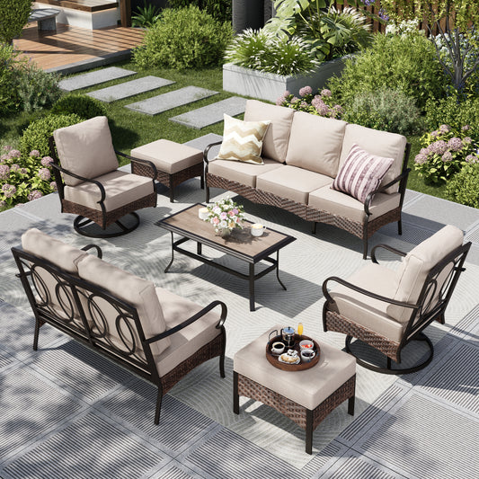 Captiva Designs 7pc Extra Large Metal and Rattan Outdoor Patio Conversation Set with Loveseat and Swivel Chairs