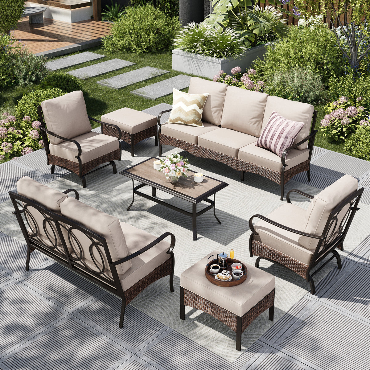 Captiva Designs 7pc Extra Large Metal and Rattan Outdoor Patio Conversation Set with Loveseat and Rocking Chairs