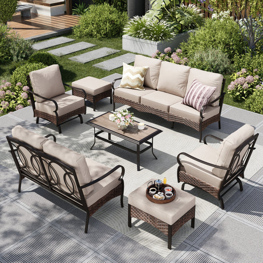 Captiva Designs 7pc Extra Large Metal and Rattan Outdoor Patio Conversation Set with Loveseat and Rocking Chairs