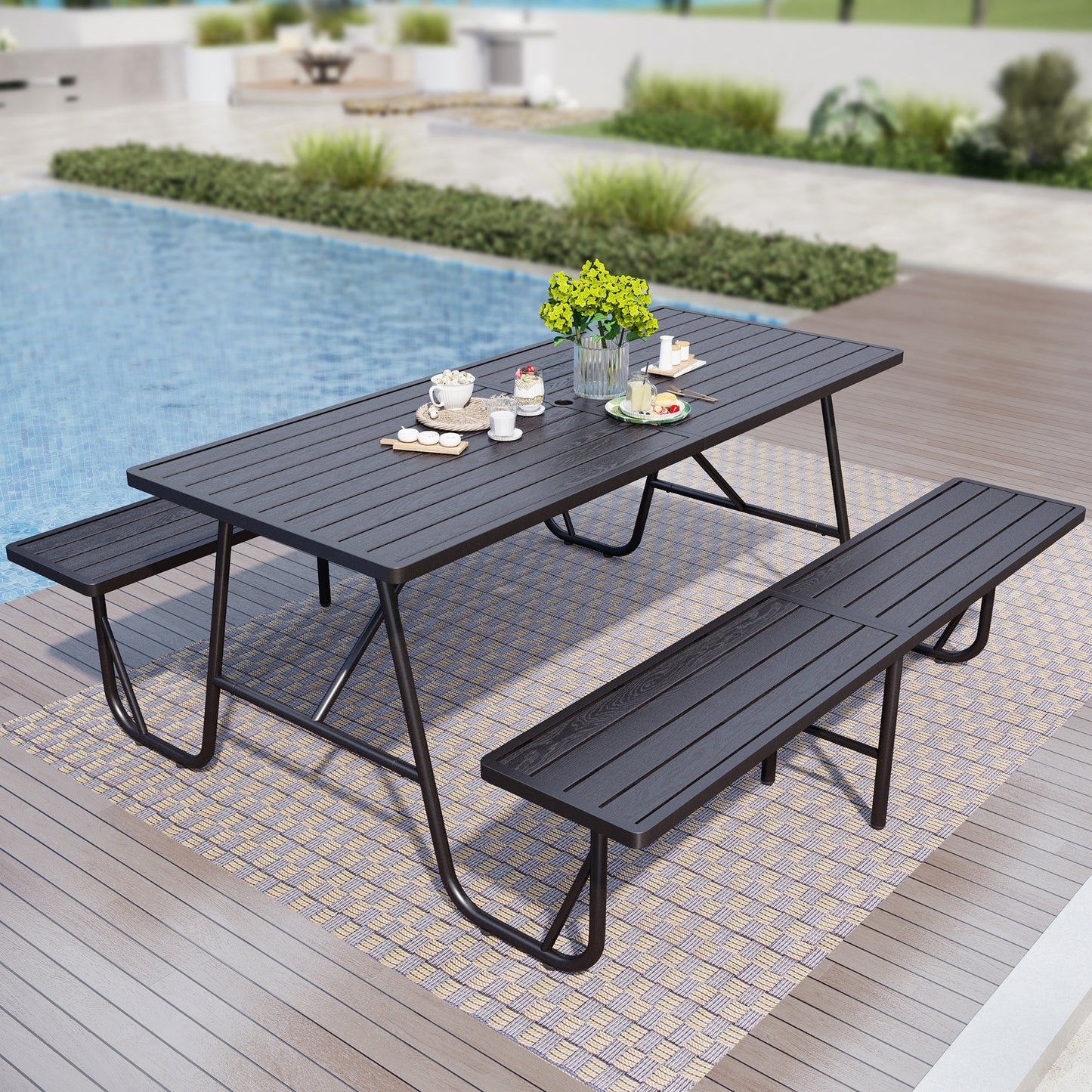 Captiva Designs Outdoor Wood Grain Dining Set with A Shaped Frame Design & Umbrella Hole