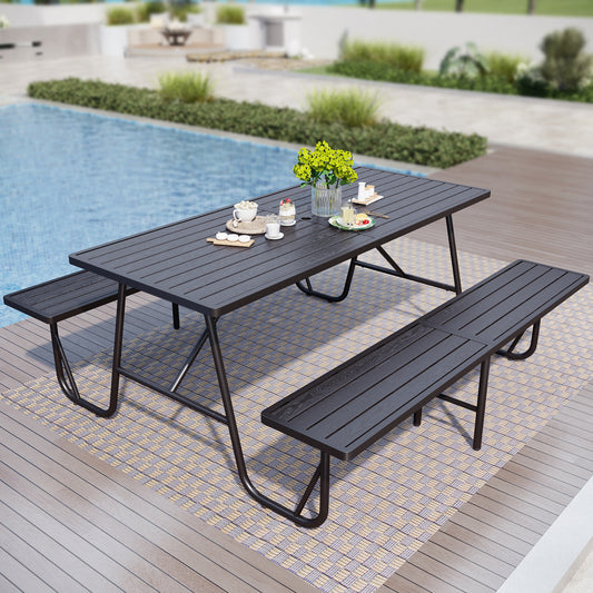 Captiva Designs Outdoor Wood Grain Dining Set with A Shaped Frame Design & Umbrella Hole