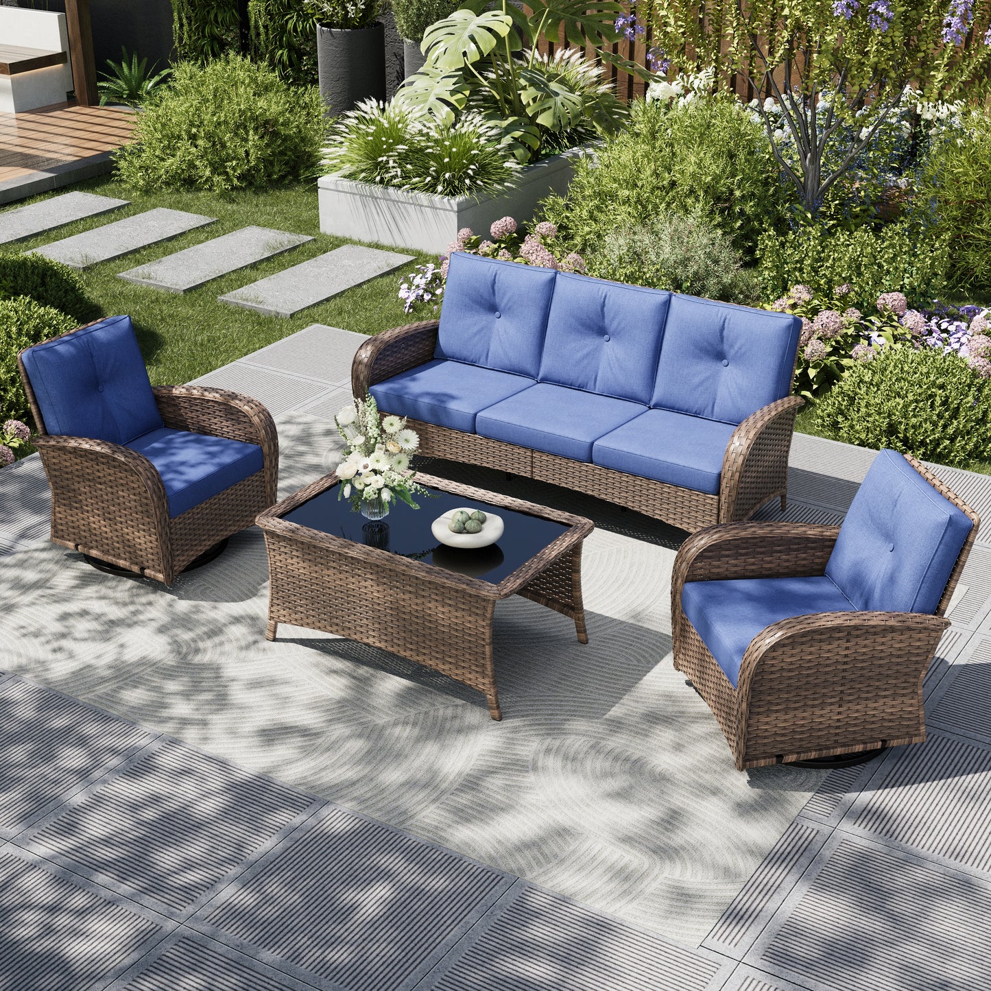 Captiva Designs Vintage Patio Swivel Wicker Conversation Sofa Set with Ottomans