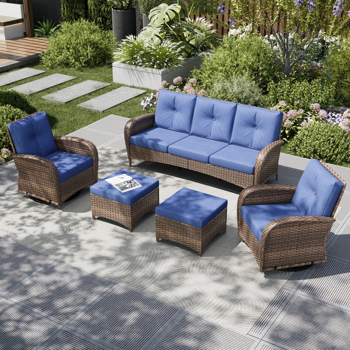Captiva Designs Vintage Patio Swivel Wicker Conversation Sofa Set with Ottomans