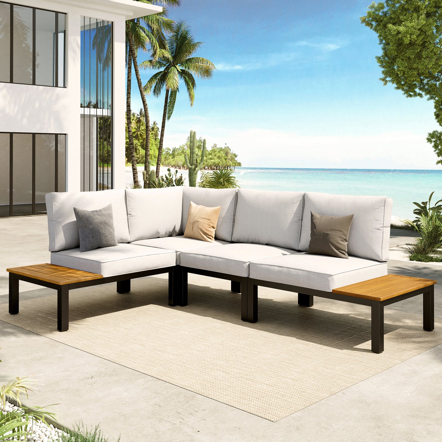 Captiva Designs Outdoor Off-white Conversation Set with Sectional Sofa & Coffee Table & Removable Cushion