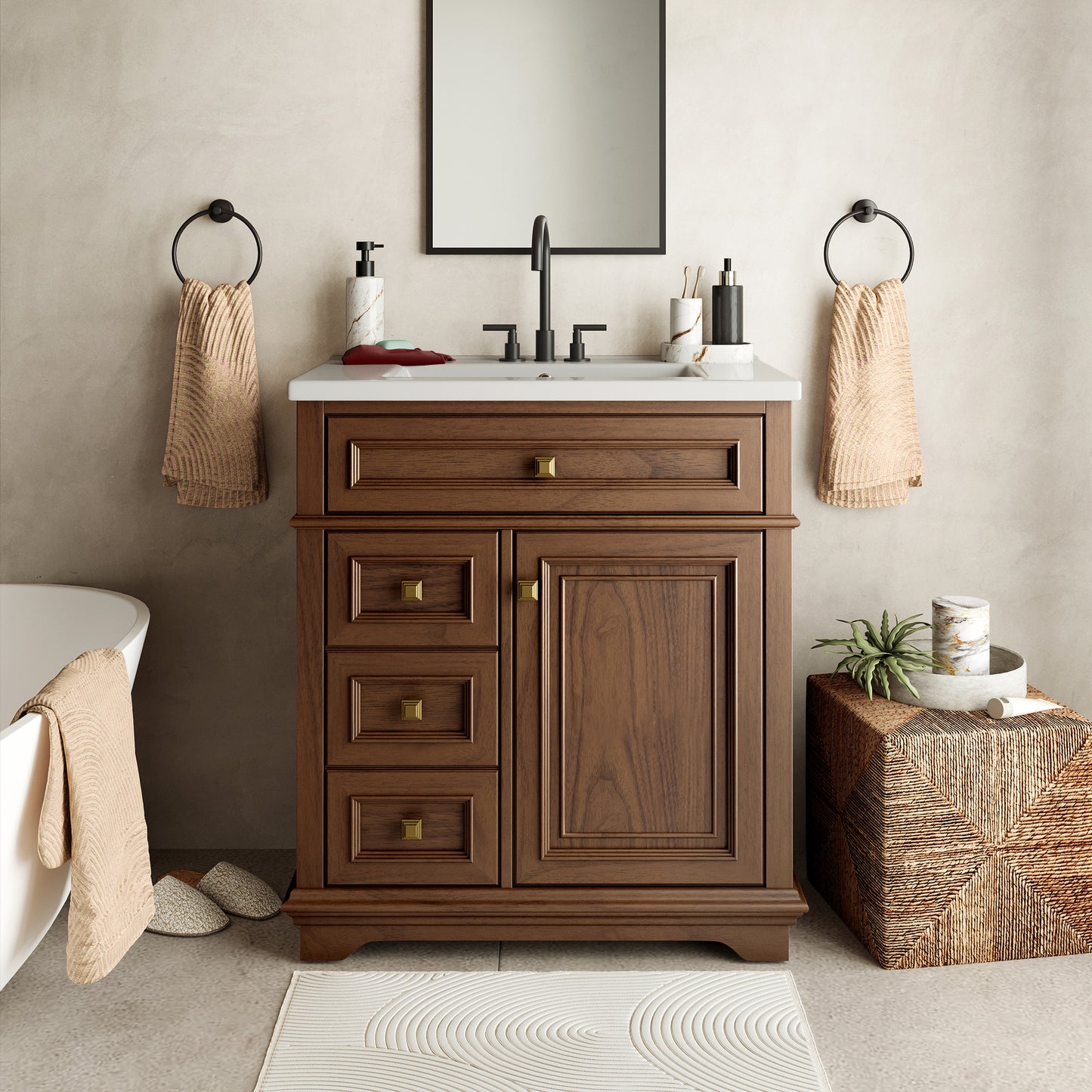 Captiva Designs Bathroom Vanity with Integrated Ceramic Sink & Solid Wood Frame, Traditional Freestanding Cabinet with Door Storage