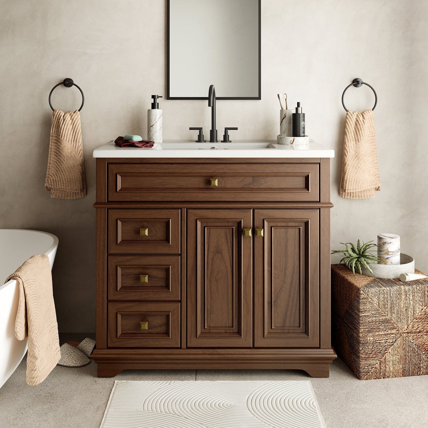 Captiva Designs Bathroom Vanity with Integrated Ceramic Sink & Solid Wood Frame, Traditional Freestanding Cabinet with Door Storage