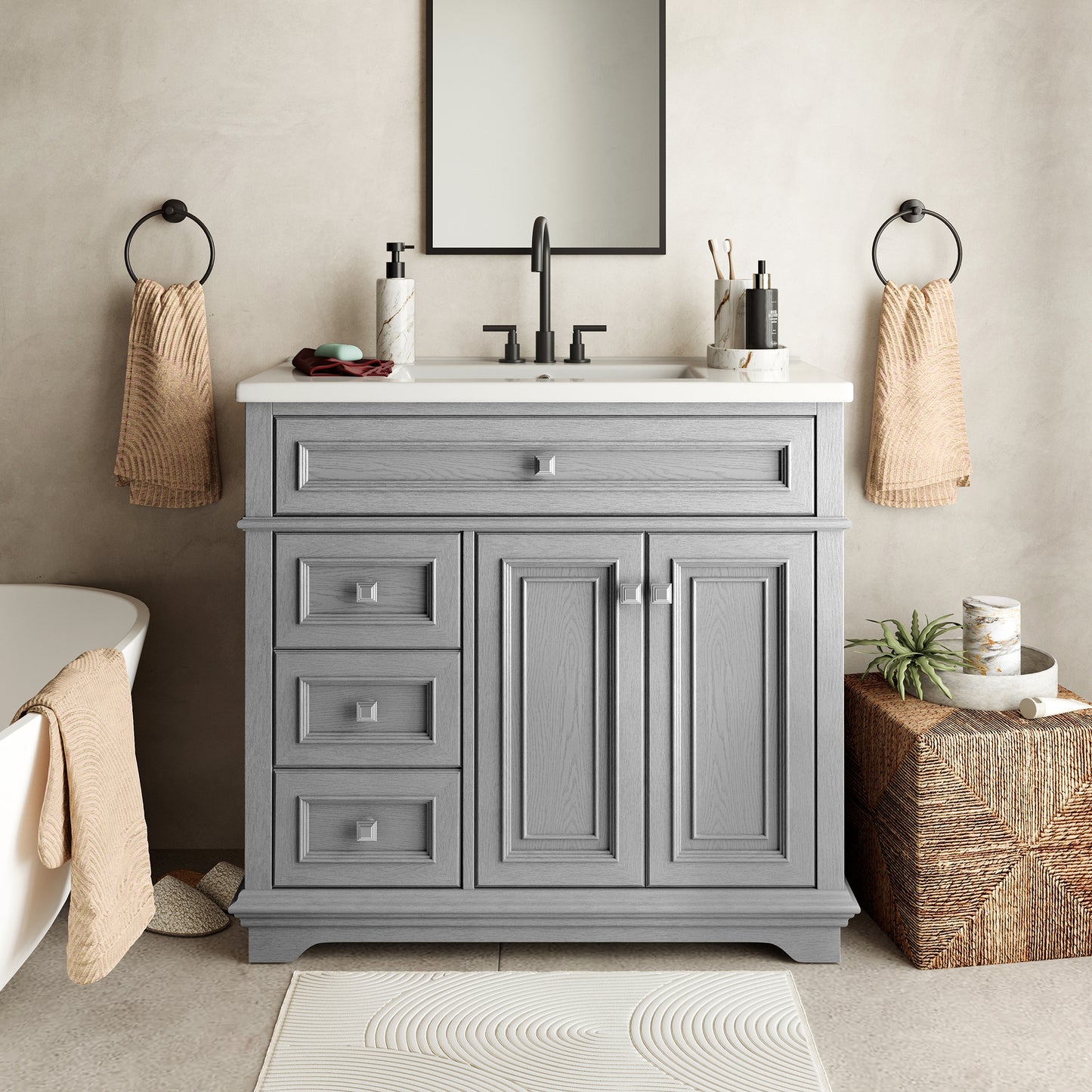 Captiva Designs Bathroom Vanity with Integrated Ceramic Sink & Solid Wood Frame, Traditional Freestanding Cabinet with Door Storage