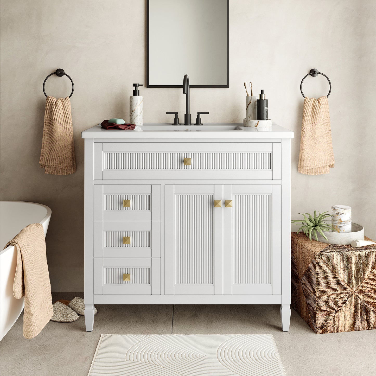 Captiva Designs Bathroom Vanity with Integrated Ceramic Sink & Solid Wood Frame, Traditional Freestanding Cabinet with Door Storage