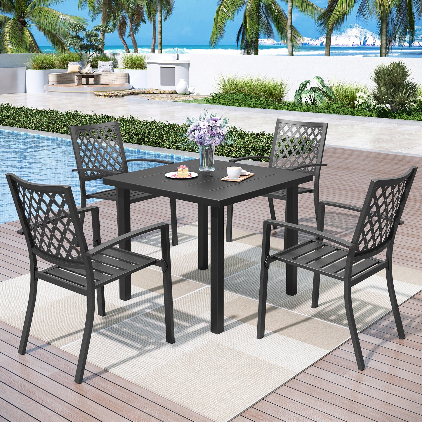 Captiva Designs 5pc Outdoor Furniture Set with Patio Square Dining Table with Umbrella Hole & Arm Chairs