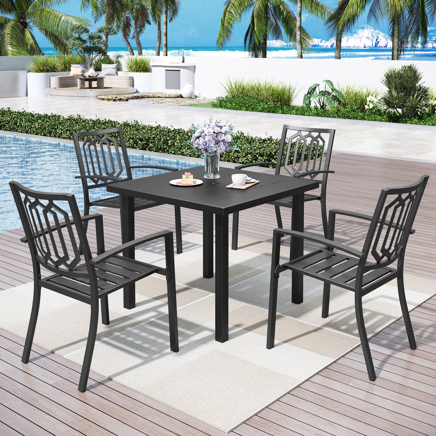 Captiva Designs 5pc Outdoor Furniture Set with Patio Square Dining Table with Umbrella Hole & Arm Chairs