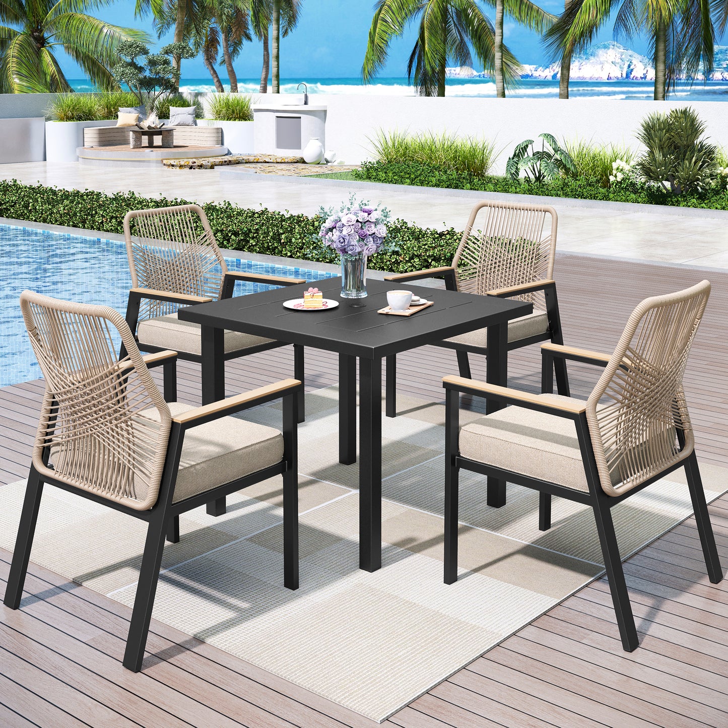 Captiva Designs 5pc Outdoor Furniture Set with Patio Square Dining Table with Umbrella Hole & Arm Chairs