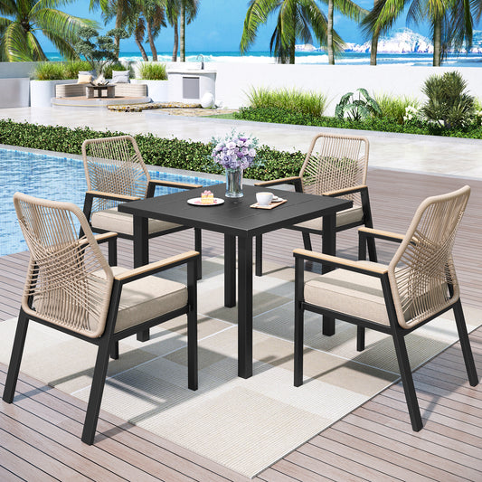 Captiva Designs 5pc Outdoor Furniture Set with Patio Square Dining Table with Umbrella Hole & Arm Chairs